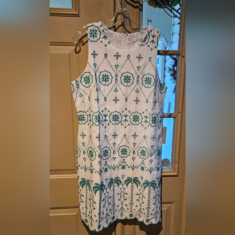 London Times White Dress with Teal/green Embroidery